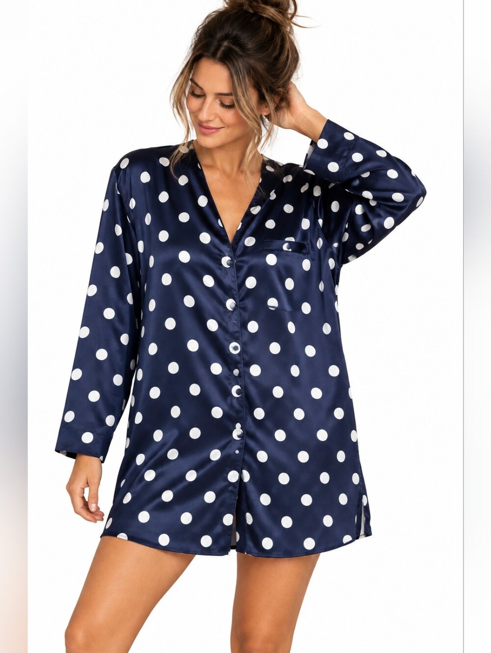 Vintage Nordstrom Satin Polka Dot Sleepshirt Shoulder Pads Nightshirt Large
